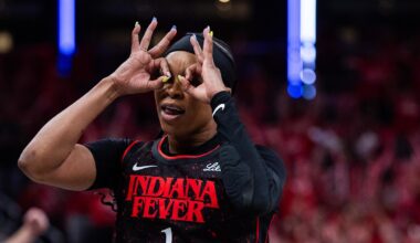 Sep 28, 2025; Indianapolis, Indiana, USA; Indiana Fever guard Odyssey Sims (1) celebrates a made shot in the first half during game four against the Las Vegas Aces of the second round for the 2025 WNBA Playoffs at Gainbridge Fieldhouse. Mandatory Credit: Trevor Ruszkowski-Imagn Images