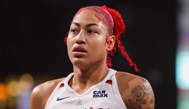 Aug 3, 2025; College Park, Georgia, USA; Washington Mystics forward Shakira Austin (0) in action against the Atlanta Dream in the first quarter at Gateway Center Arena at College Park. Mandatory Credit: Brett Davis-Imagn Images