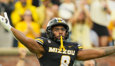 Oct 11, 2025; Columbia, Missouri, USA; Missouri Tigers defensive end Damon Wilson II (8) celebrates after recovering a fumble during the second half against the Alabama Crimson Tide at Faurot Field at Memorial Stadium. Mandatory Credit: Jay Biggerstaff-Imagn Images