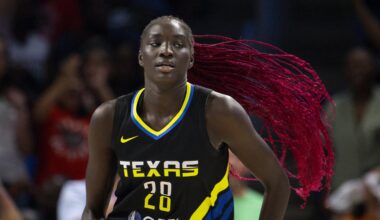 Sep 29, 2023; Arlington, Texas, USA; Dallas Wings center Awak Kuier (28) runs back up the court during the second half against the Las Vegas Aces during game three of the 2023 WNBA Playoffs at College Park Center. Mandatory Credit: Jerome Miron-Imagn Images