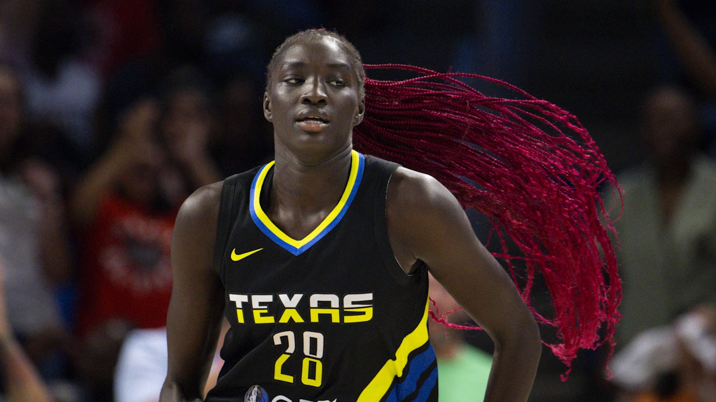 Sep 29, 2023; Arlington, Texas, USA; Dallas Wings center Awak Kuier (28) runs back up the court during the second half against the Las Vegas Aces during game three of the 2023 WNBA Playoffs at College Park Center. Mandatory Credit: Jerome Miron-Imagn Images