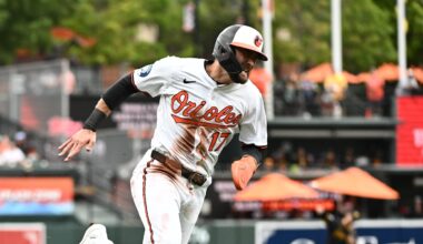 Sep 11, 2025; Baltimore, Maryland, USA;  Baltimore Orioles outfielder Colton Cowser (17) rounds the bases on an rbi single by first baseman Coby Mayo (not pictured) during the second inning against the Pittsburgh Pirates at Oriole Park at Camden Yards. Mandatory Credit: James A. Pittman-Imagn Images
