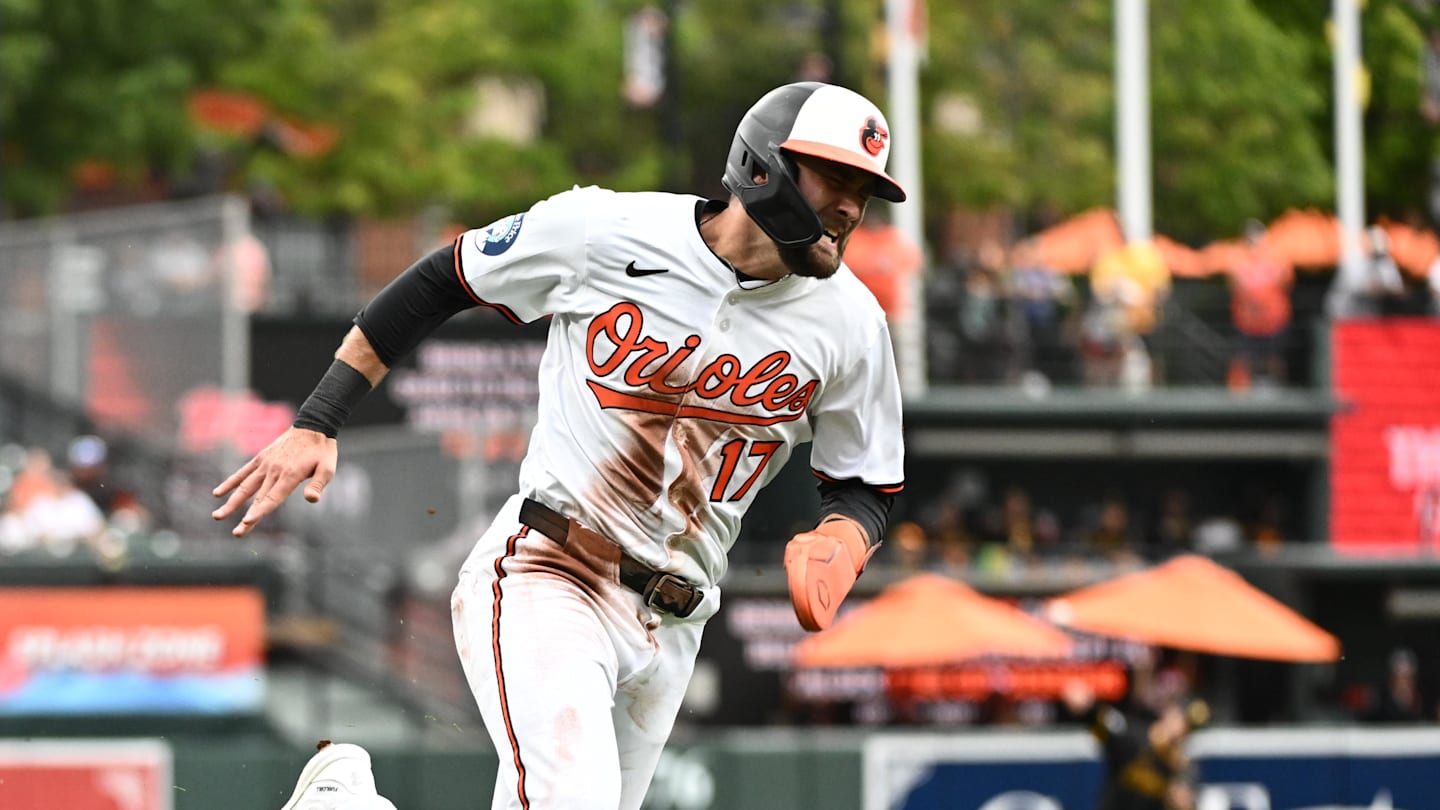Sep 11, 2025; Baltimore, Maryland, USA;  Baltimore Orioles outfielder Colton Cowser (17) rounds the bases on an rbi single by first baseman Coby Mayo (not pictured) during the second inning against the Pittsburgh Pirates at Oriole Park at Camden Yards. Mandatory Credit: James A. Pittman-Imagn Images
