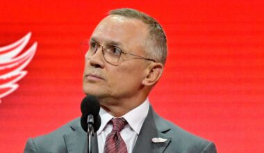 Jul 7, 2022; Montreal, Quebec, CANADA; Detroit Red Wings general manager Steve Yzerman announces Marco Kasper (not pictured) as the number eight overall pick to the Detroit Red Wings in the first round of the 2022 NHL Draft at Bell Centre. Mandatory Credit: Eric Bolte-Imagn Images