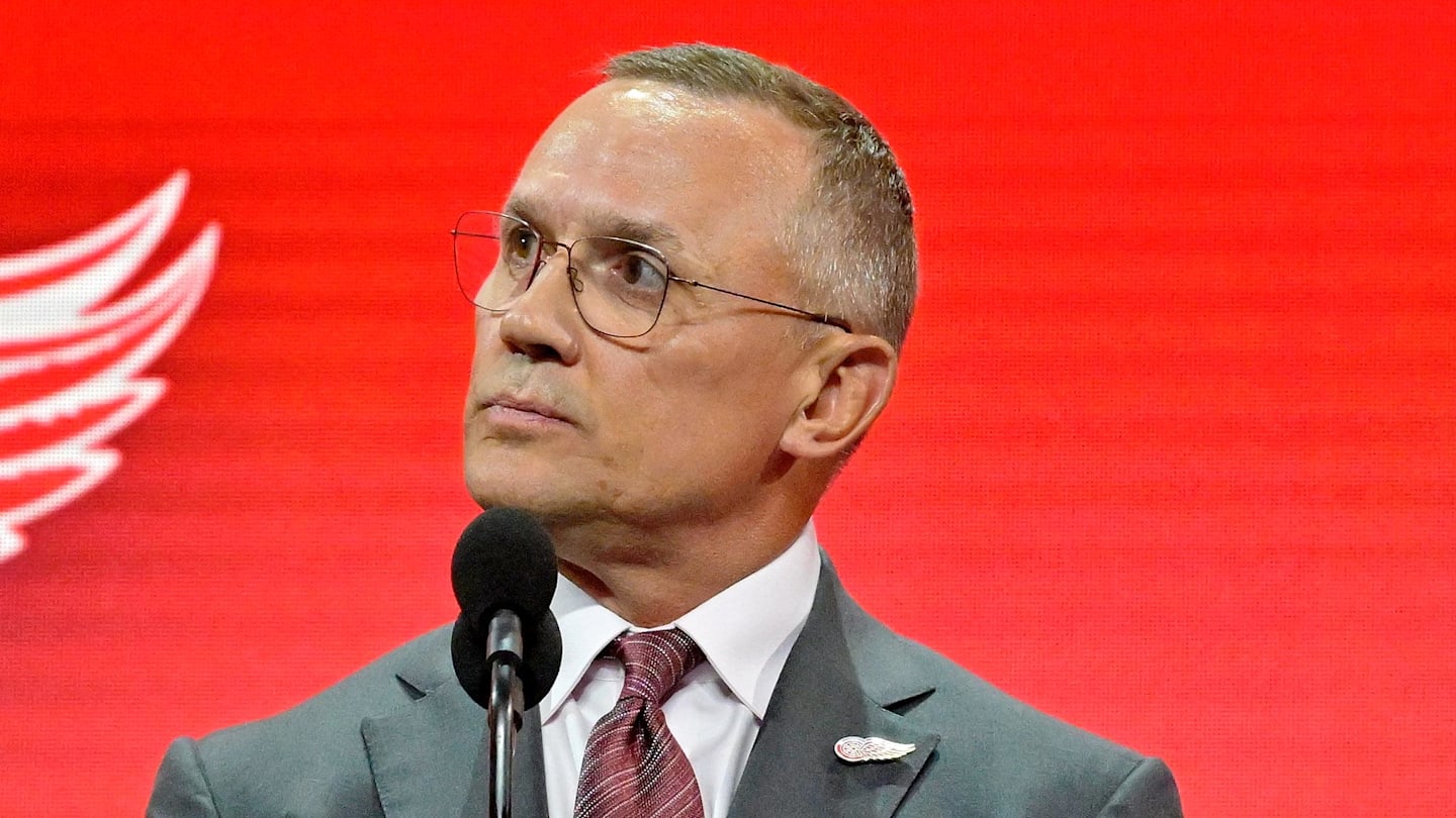 Jul 7, 2022; Montreal, Quebec, CANADA; Detroit Red Wings general manager Steve Yzerman announces Marco Kasper (not pictured) as the number eight overall pick to the Detroit Red Wings in the first round of the 2022 NHL Draft at Bell Centre. Mandatory Credit: Eric Bolte-Imagn Images
