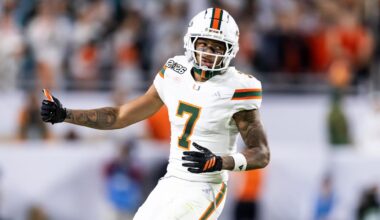 Jan 8, 2026; Glendale, AZ, USA; Miami Hurricanes wide receiver CJ Daniels (7) celebrates after defeating the Mississippi Rebels during the 2026 Fiesta Bowl and semifinal game of the College Football Playoff at State Farm Stadium. Mandatory Credit: Mark J. Rebilas-Imagn Images