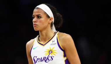 Sep 9, 2025; Phoenix, Arizona, USA; Los Angeles Sparks guard Rae Burrell (12) against the Phoenix Mercury during a WNBA game at PHX Arena. Mandatory Credit: Mark J. Rebilas-Imagn Images