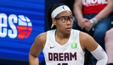 Sep 16, 2025; Indianapolis, Indiana, USA;  Atlanta Dream guard Allisha Gray (15) during game two of round one against the Indiana Fever for the 2025 WNBA Playoffs at Gainbridge Fieldhouse. Mandatory Credit: Trevor Ruszkowski-Imagn Images