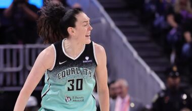 Sep 2, 2025; San Francisco, California, USA; New York Liberty forward Breanna Stewart (30) reacts after scoring a three point basket against the Golden State Valkyries during the third quarter at Chase Center. Mandatory Credit: Kelley L Cox-Imagn Images