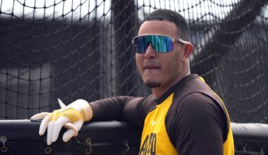 Feb 15, 2026; Peoria, AZ, USA; San Diego Padres third baseman Manny MacHado (13) gets ready to hit during spring training camp. Mandatory Credit: Rick Scuteri-Imagn Images
