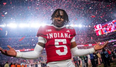 Indiana's D'Angelo Ponds (5) celebrates after the College Football Playoff National Championship college football game at Hard Rock Stadium in Miami Gardens on Monday, Jan. 19, 2026.