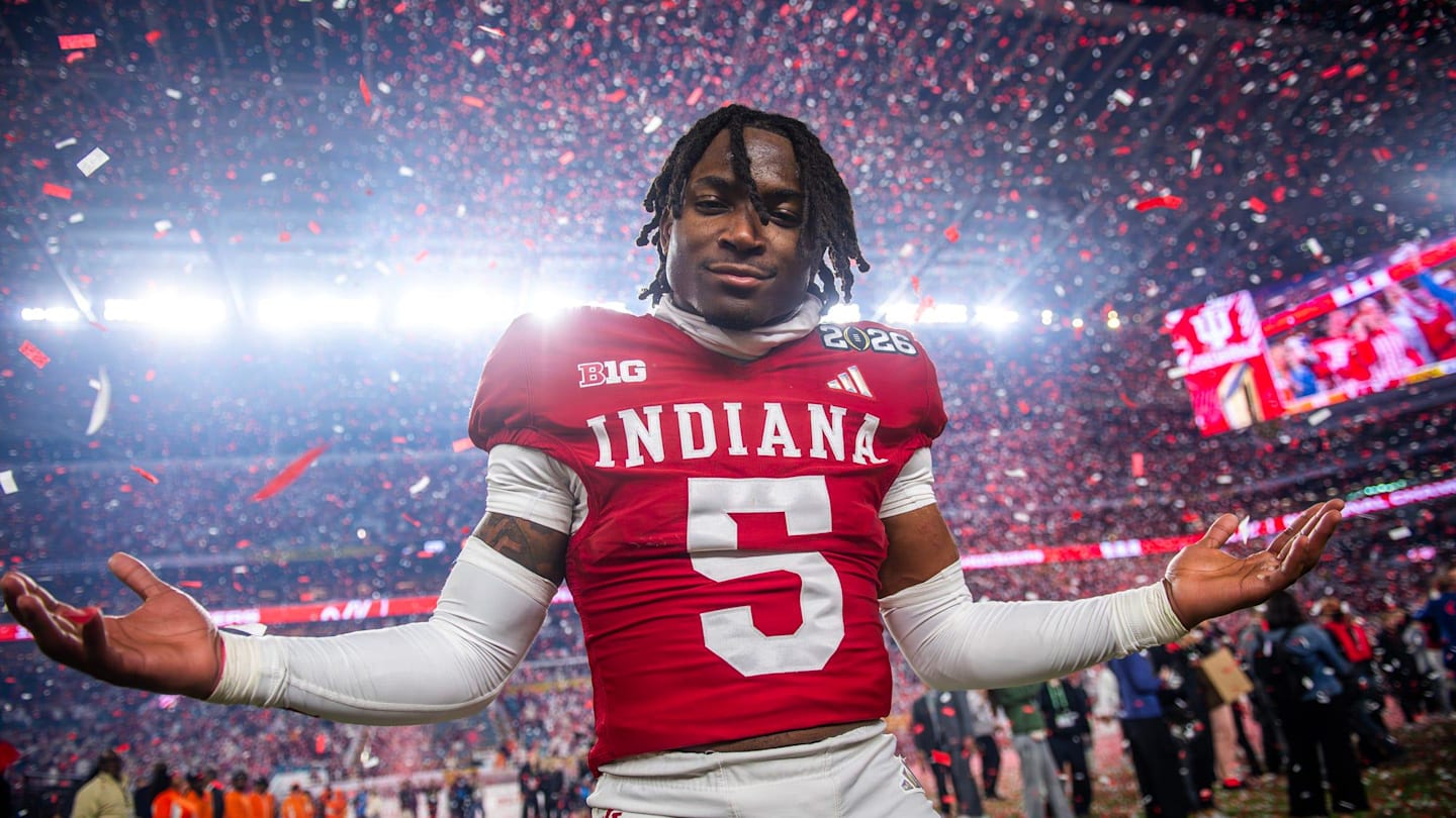 Indiana's D'Angelo Ponds (5) celebrates after the College Football Playoff National Championship college football game at Hard Rock Stadium in Miami Gardens on Monday, Jan. 19, 2026.