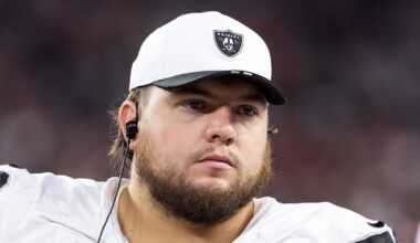 Aug 23, 2025; Glendale, Arizona, USA; Las Vegas Raiders center Jackson Powers-Johnson (58) against the Arizona Cardinals during a preseason NFL game at State Farm Stadium. Mandatory Credit: Mark J. Rebilas-Imagn Images
