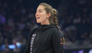 Jun 19, 2025; San Francisco, California, USA; Golden State Valkyries guard Kate Martin (20) before the game against the Indiana Fever at Chase Center. Mandatory Credit: Darren Yamashita-Imagn Images