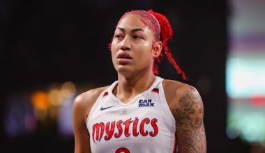 Aug 3, 2025; College Park, Georgia, USA; Washington Mystics forward Shakira Austin (0) in action against the Atlanta Dream in the first quarter at Gateway Center Arena at College Park. Mandatory Credit: Brett Davis-Imagn Images