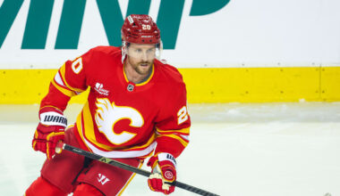 Jan 5, 2026; Calgary, Alberta, CAN; Calgary Flames left wing Blake Coleman (20) skates during the warmup period against the Seattle Kraken at Scotiabank Saddledome. Mandatory Credit: Sergei Belski-Imagn Images