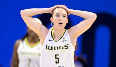 Sep 11, 2025; Arlington, Texas, USA; Dallas Wings guard Paige Bueckers (5) reacts to a call during the first half against the Phoenix Mercury at College Park Center. Mandatory Credit: Jerome Miron-Imagn Images