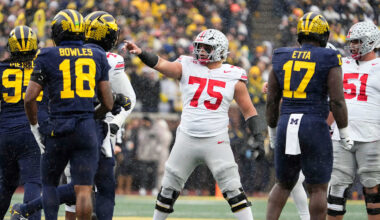 Ohio State Buckeyes offensive lineman Carson Hinzman (75) lines up during the NCAA football game against the Michigan Wolverines at Michigan Stadium in Ann Arbor, Mich. on Nov. 29, 2025. Ohio State won 27-9.