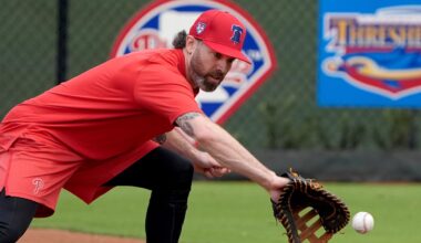 Feb 16, 2024; Clearwater, FL, USA; Philadelphia Phillies left fielder Jake Cave (44) fields a ball during Phillies Spring Training.