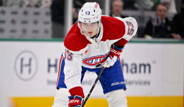 Jan 4, 2026; Dallas, Texas, USA; Montreal Canadiens defenseman Noah Dobson (53) looks on during the game between the Stars and the Canadiens at the American Airlines Center. Mandatory Credit: Jerome Miron-Imagn Images