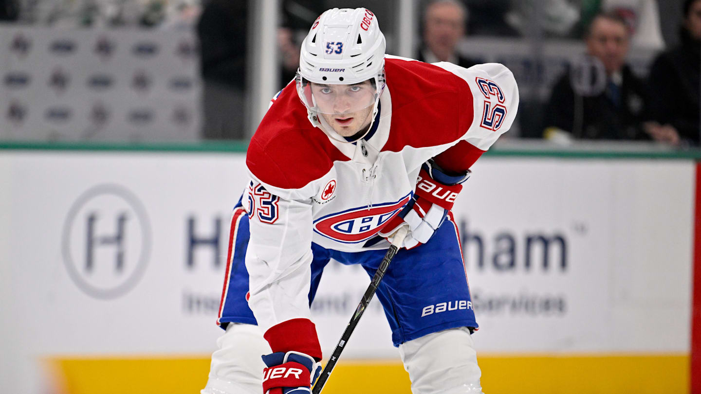 Jan 4, 2026; Dallas, Texas, USA; Montreal Canadiens defenseman Noah Dobson (53) looks on during the game between the Stars and the Canadiens at the American Airlines Center. Mandatory Credit: Jerome Miron-Imagn Images