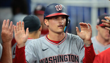 Sep 10, 2025; Miami, Florida, USA; Washington Nationals third baseman Brady House (55) celebrates after scoring against the Miami Marlins during the third inning at loanDepot Park. Mandatory Credit: Sam Navarro-Imagn Images