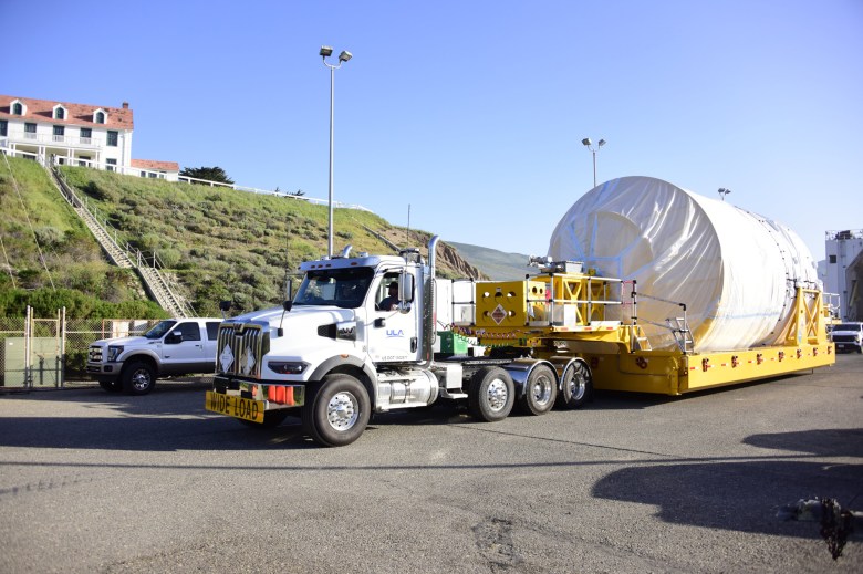 A segment of the Vulcan rocket is delivered to Vandenberg Space Force Base.