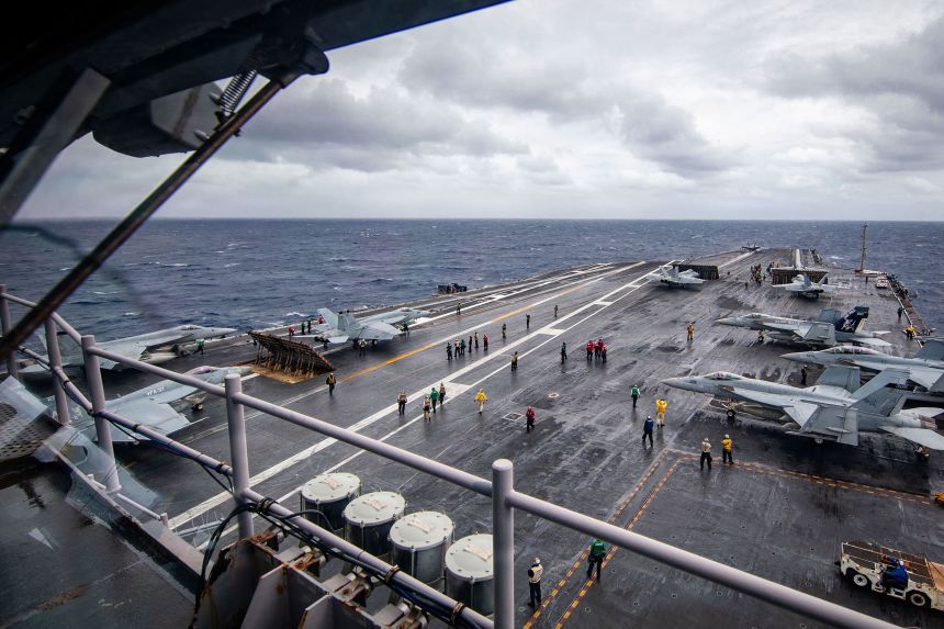 Aircraft launch from the flight deck of the USS Gerald R. Ford, in the Caribbean Sea, on February 3, 2026.