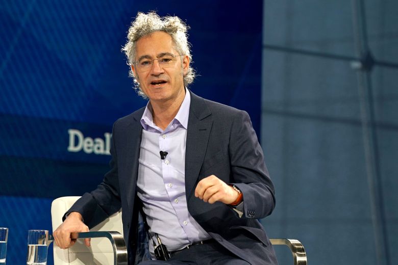 Alex Karp speaks onstage during The New York Times DealBook Summit 2025 in New York in December 2025.