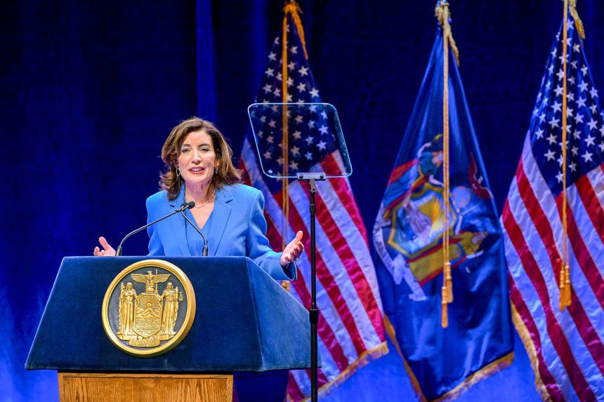 New York Gov. Kathy Hochul speaks during her State of the State address in Albany, New York, on January 13.