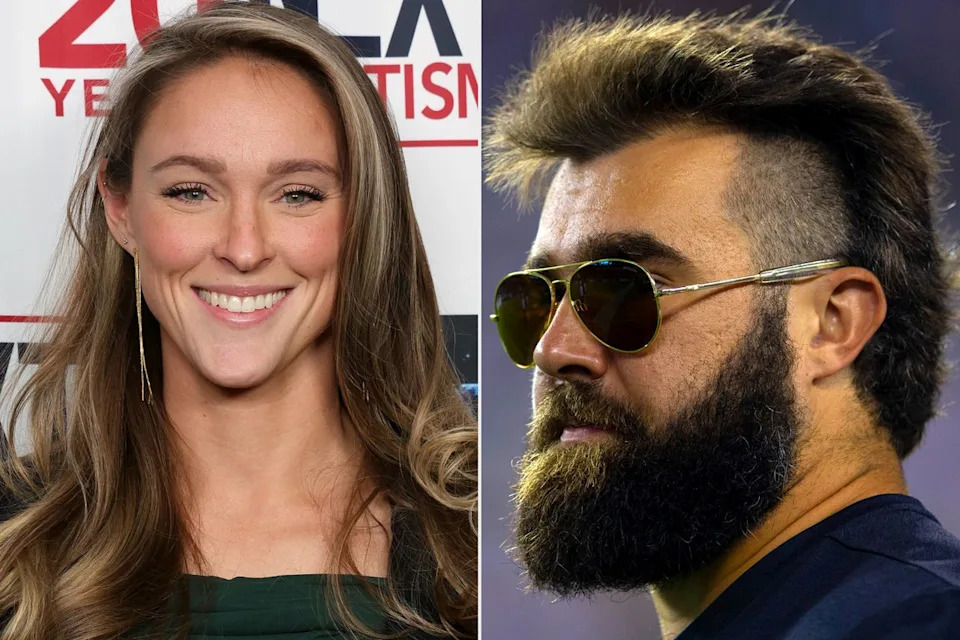 Kylie Kelce (left); Jason Kelce in August 2019 (right). Kevin Mazur/Getty; Mitchell Leff/Getty 