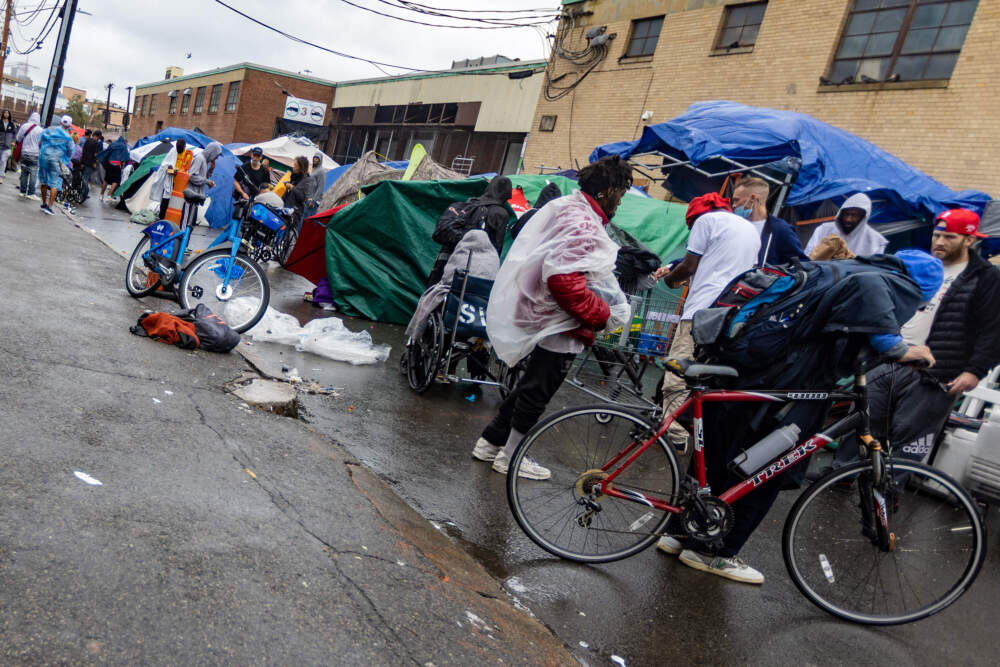 In August 2023, a tent encampment took hold on Atkinson Street in the area of "Mass. and Cass" in the South End. It has since been dismantled. (Jesse Costa/WBUR)