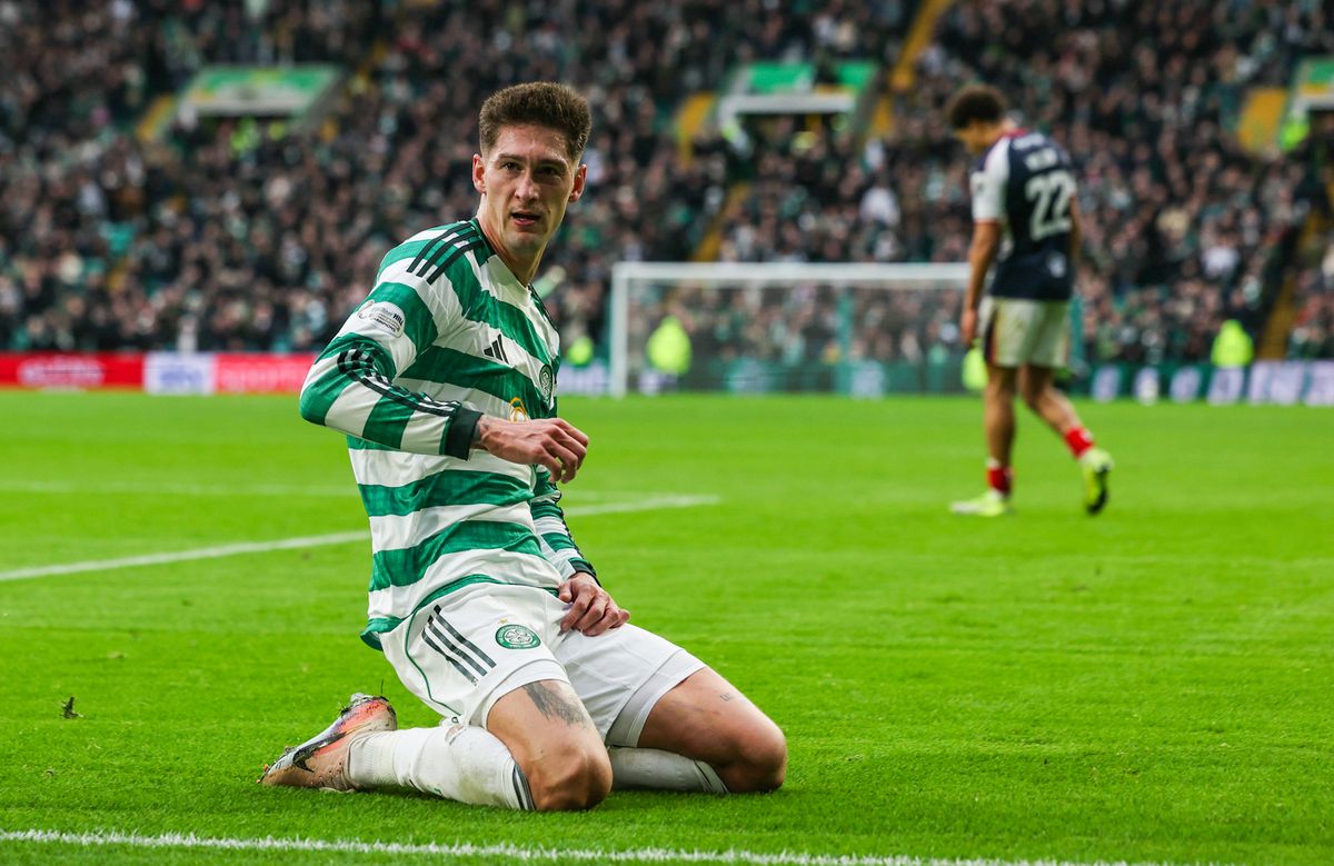 Tomas Cvancara celebrates scoring for Celtic
