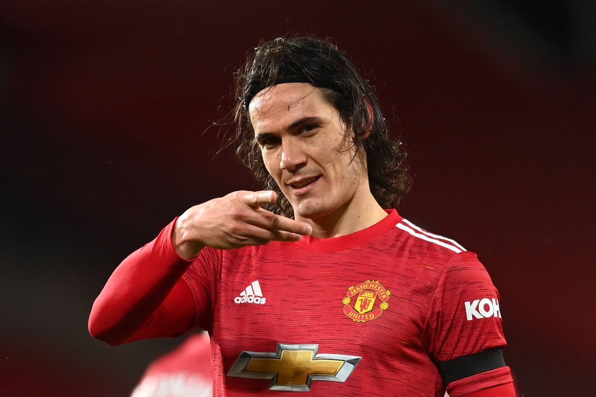 Edinson Cavani of Manchester United celebrates after scoring their team's first goal during the Premier League match between Manchester United and Everton at Old Trafford on February 06, 2021 in Manchester, England.