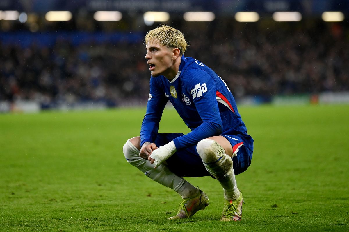 Alejandro Garnacho of Chelsea crouches during the UEFA Champions League 2025/26 League Phase MD7 match between Chelsea FC and Pafos FC