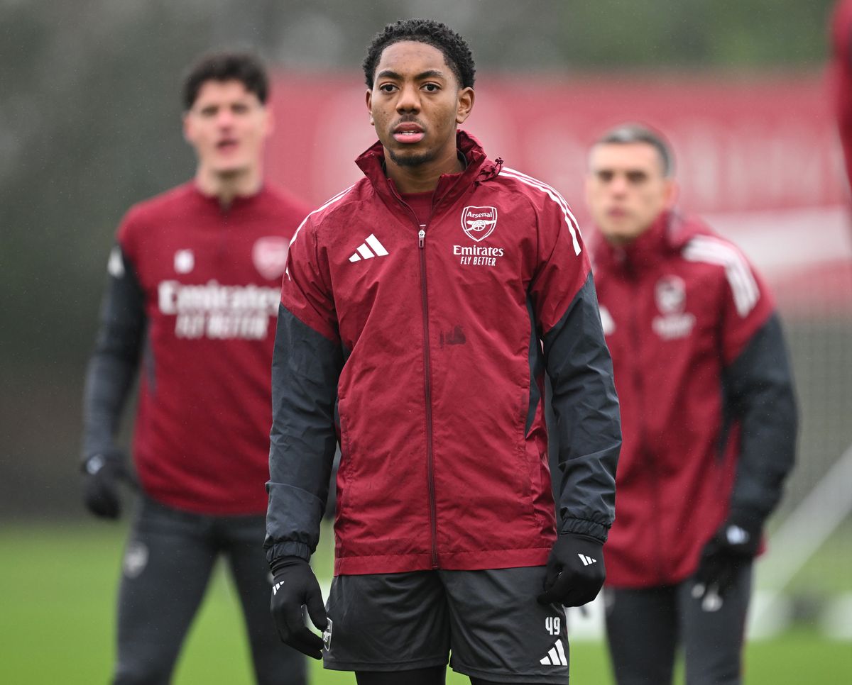 Myles Lewis-Skelly of Arsenal during the Arsenal training session at Sobha Realty Training Centre on January 27, 2026 in London Colney, England.