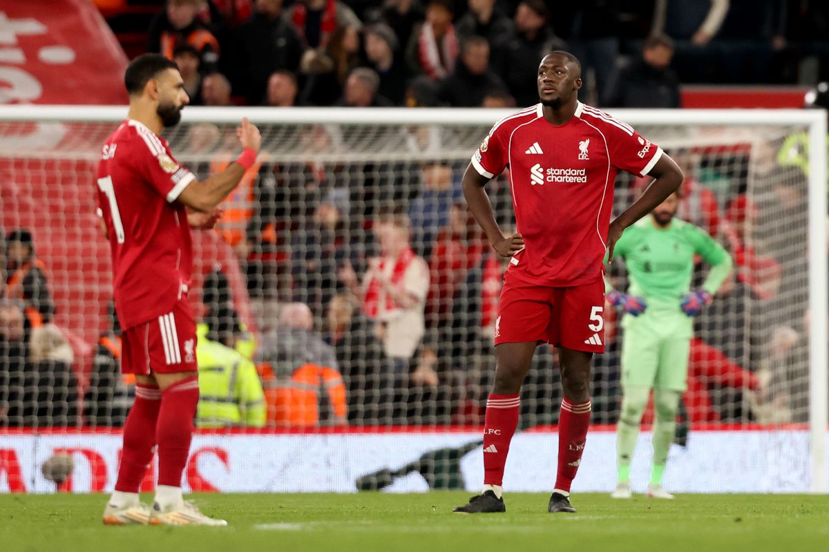LIVERPOOL, ENGLAND - FEBRUARY 08: (THE SUN OUT, THE SUN ON SUNDAY OUT) Ibrahima Konate of Liverpool looks dejected following the team's defeat during the Premier League match between Liverpool and Manchester City at Anfield on February 08, 2026 in Liverpool, England. (Photo by Liverpool FC/Liverpool FC via Getty Images)