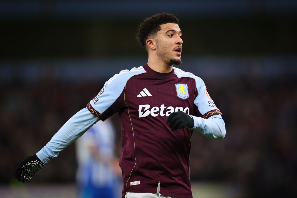 Jadon Sancho of Aston Villa during the Premier League match between Aston Villa and Brighton & Hove Albion at Villa Park on February 11, 2026 in Birmingham, England