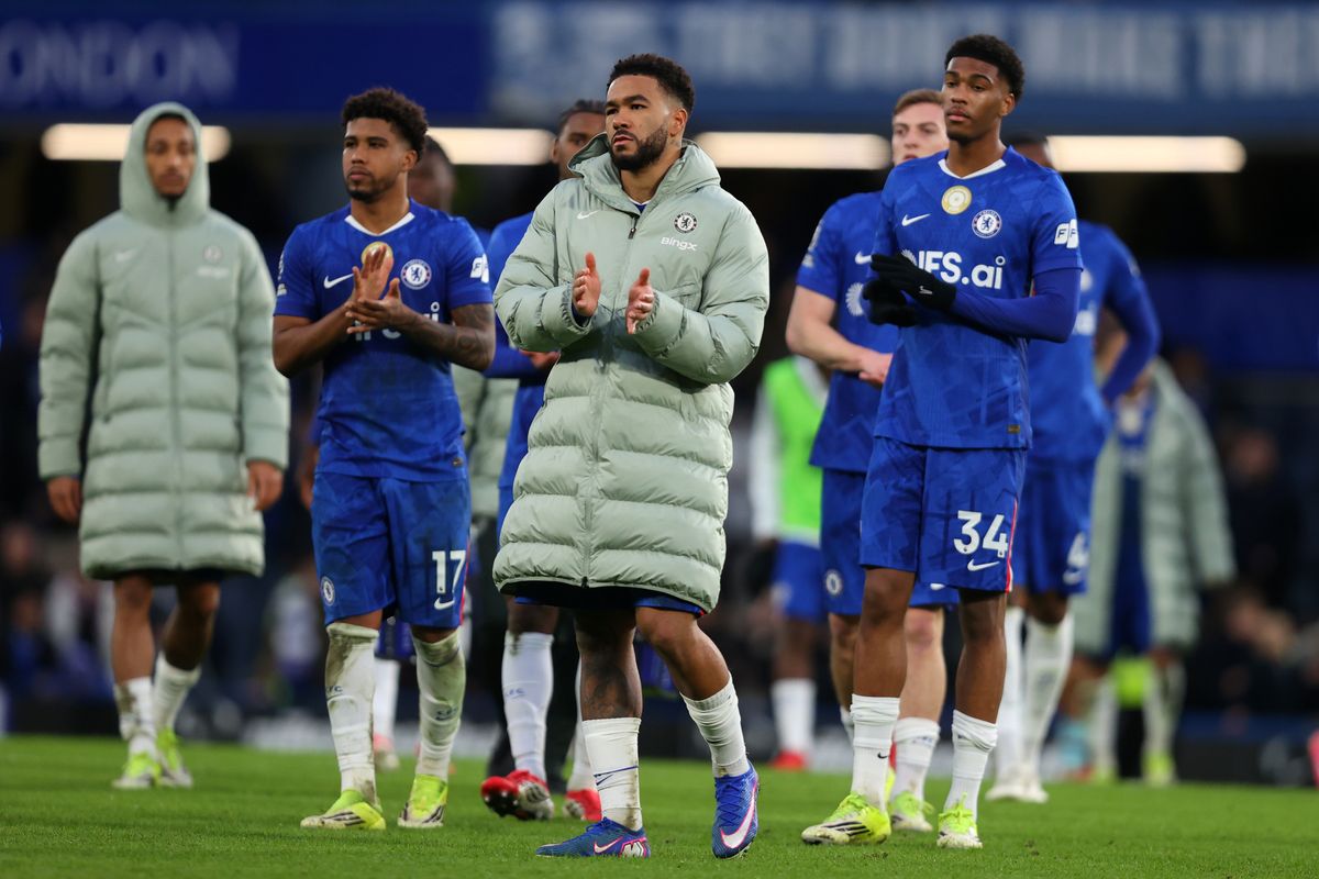 Reece James of Chelsea applauds the fabs after the teams draw following the Premier League match between Chelsea and Burnley at Stamford Bridge on February 21, 2026 in London, United Kingdom