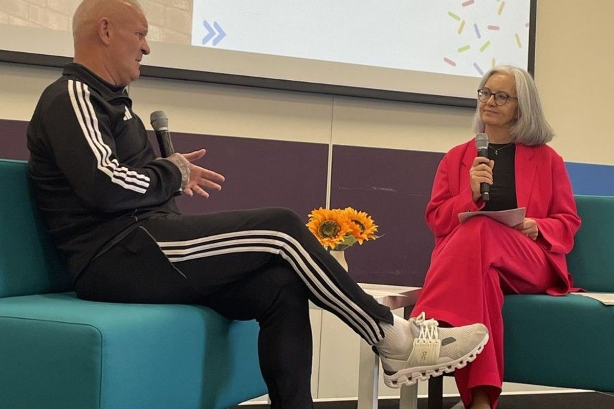 Dean Windass taking part in a question and answer session with Humber Teaching NHS Foundation Trust chair Caroline Flint, on the importance of talking for mental health