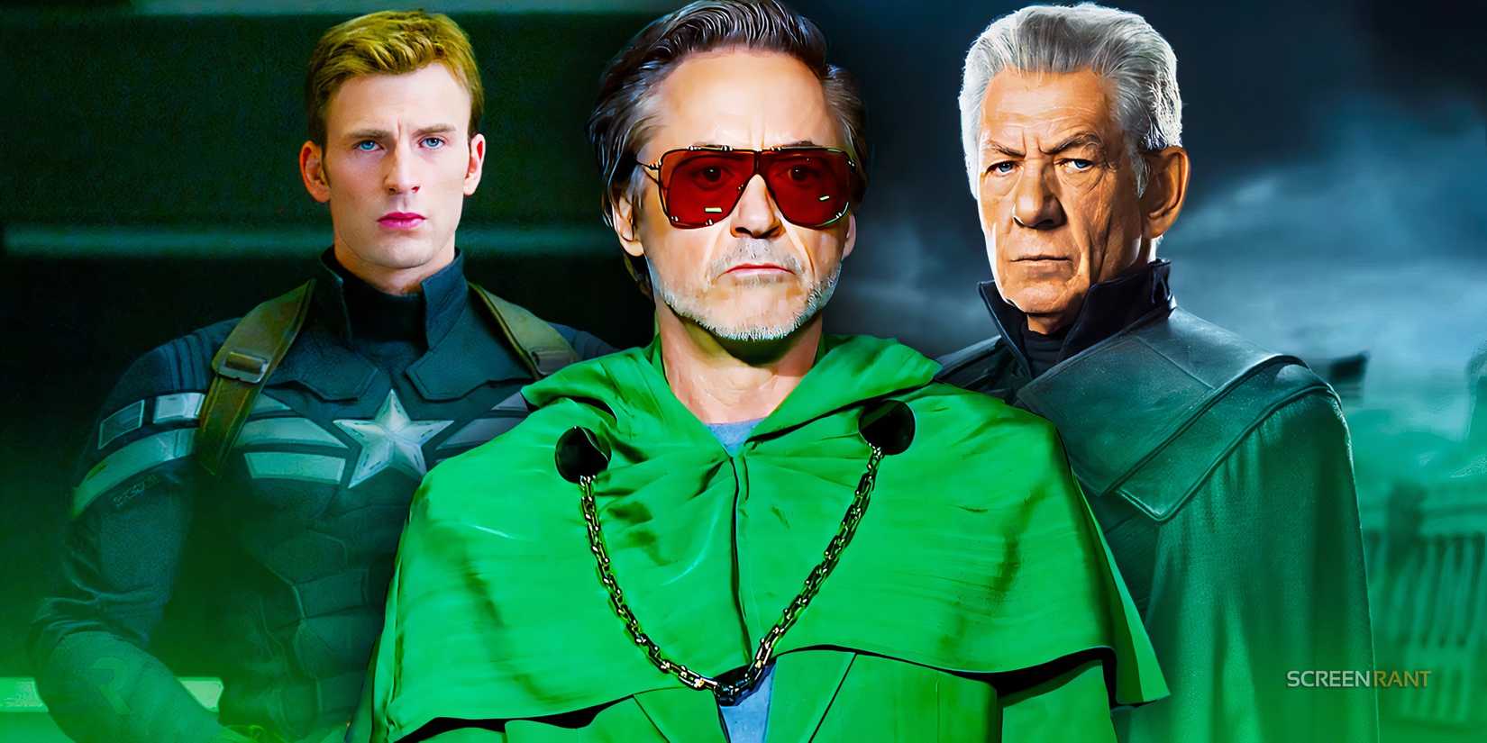 Robert Downey Jr. as Doctor Doom in the middle and Chris Evans' Captain America & Ian McKellen's Magneto on each side