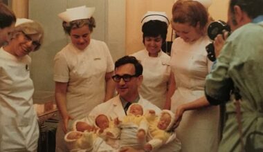 Dr Raphael Jewelewicz and medical staff at Columbia-Presbyterian Medical Center in New York City, where the quintuplets were born in February 1970