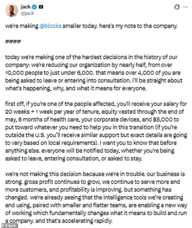 The Twitter creator said in a statement to the company that he was 'grateful' and 'sorry' for putting his employees through the layoffs