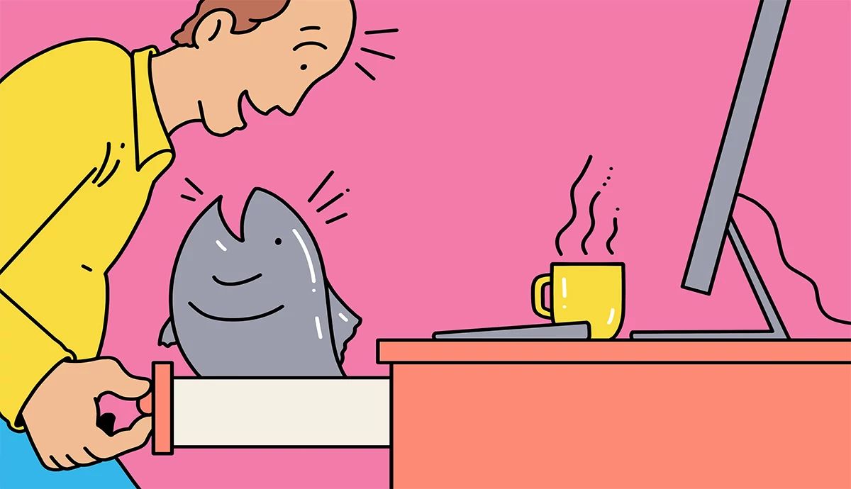 illustration of a man at his office desk opening a drawer to find a large, friendly-looking fish inside
