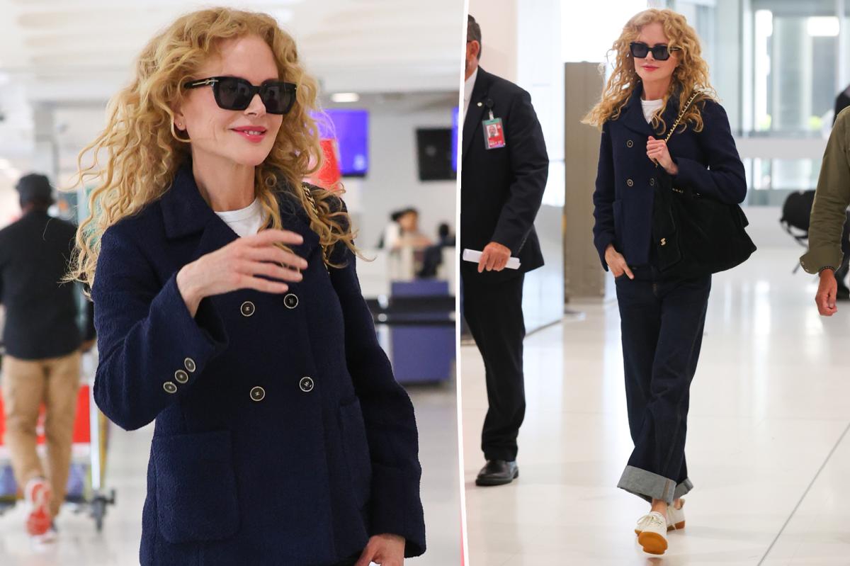 Nicole Kidman pairs natural curls with a tailored Chanel look at the Sydney airport