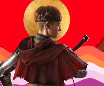 1348 Ex Voto protagonist in front of a lesbian pride flag wave.