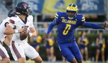 Aidan Sayin throwing vs. Delaware in 2024