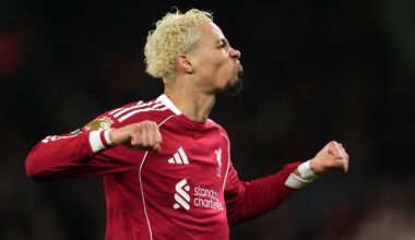 Liverpool's Hugo Ekitike celebrates after scoring their equaliser (AP Photo/Jon Super)