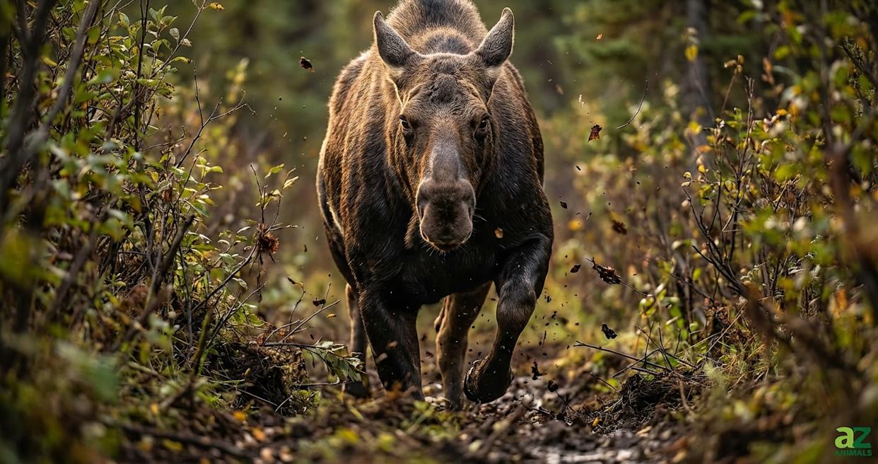 A large moose charges forward on a muddy forest trail, kicking up debris with its powerful hooves.