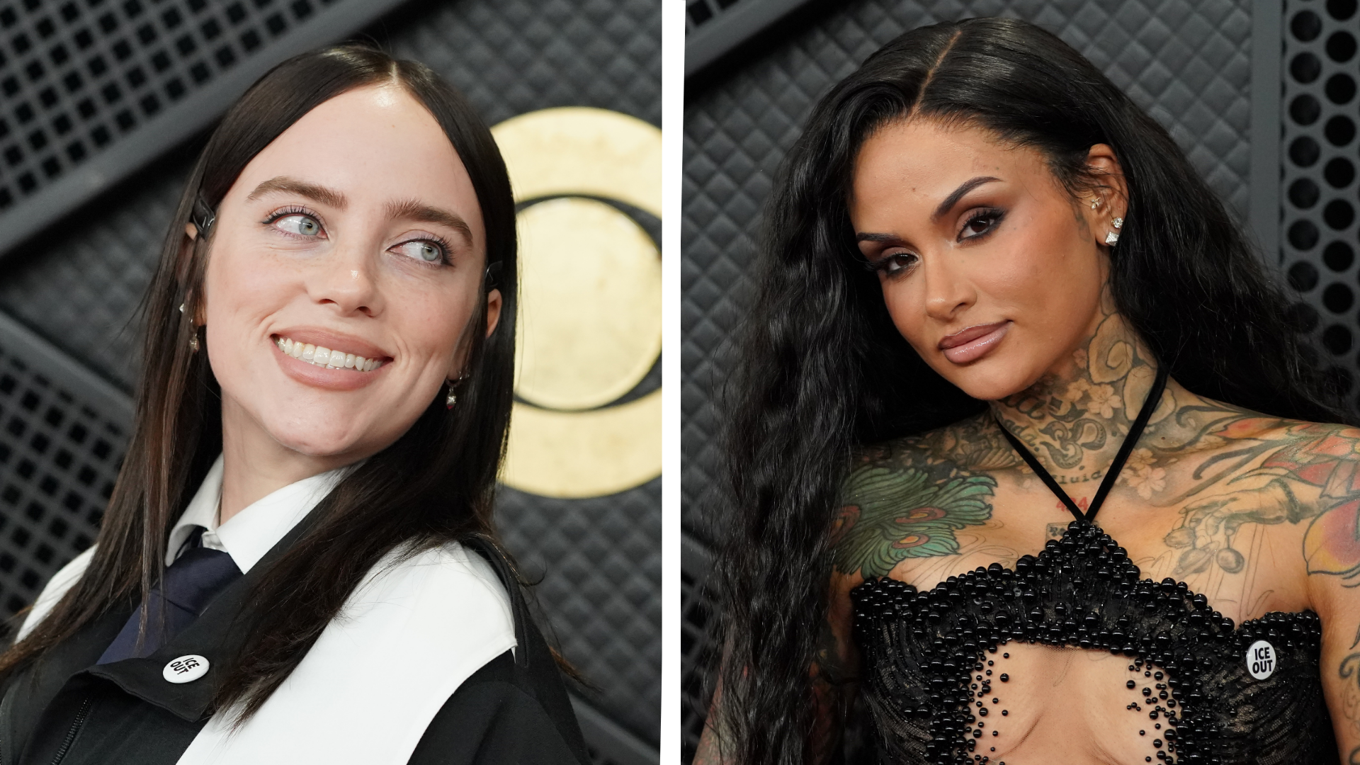 Billie Eilish, left, and Kehlani, right, wear "ICE OUT" pins at the 68th annual Grammy Awards on Sunday, Feb. 1, 2026, in Los Angeles.